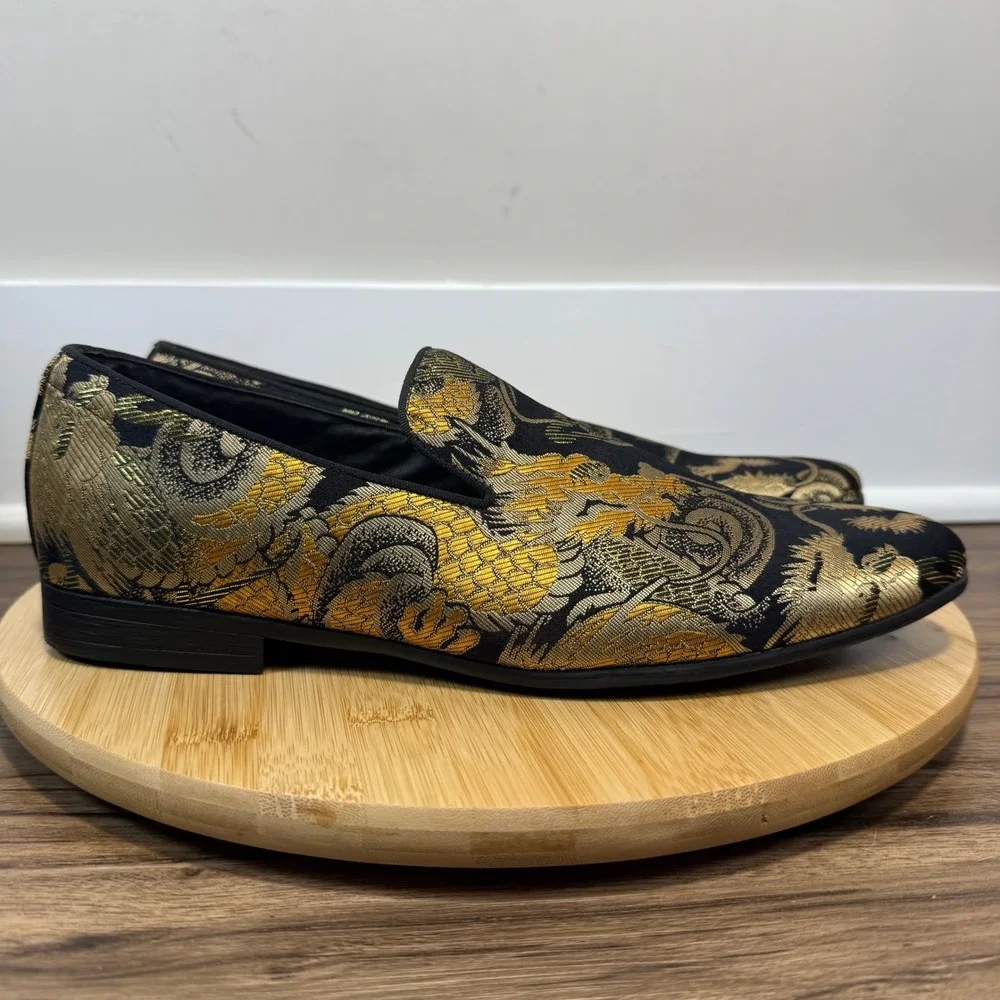 Steve Madden P-MINDZ Loafer Men 9 Gold Black Dragon Brocade Slip On Prom Festive